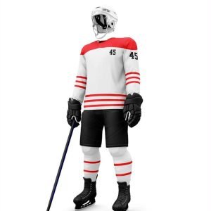 Hockey uniform with white shirt, black pant, and black gloves