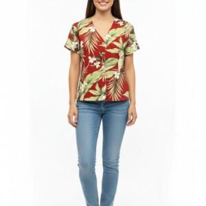 Women’s Red Tropical Leaf Print Short-Sleeve Button-Up Hawaii Shirt