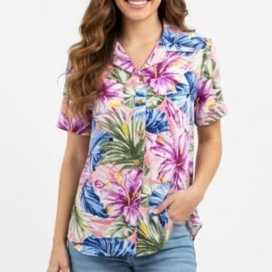 Women’s Multicolor Floral Short-Sleeve Button-Up Hawaii Shirt