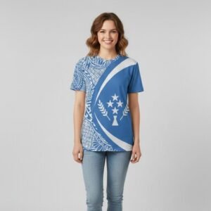 A woman wearing Wheat style blue Hawaaii T Shirt